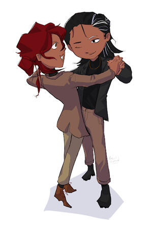 A chibi style piece of art depicting two characters in a romantic slow dancing pose.